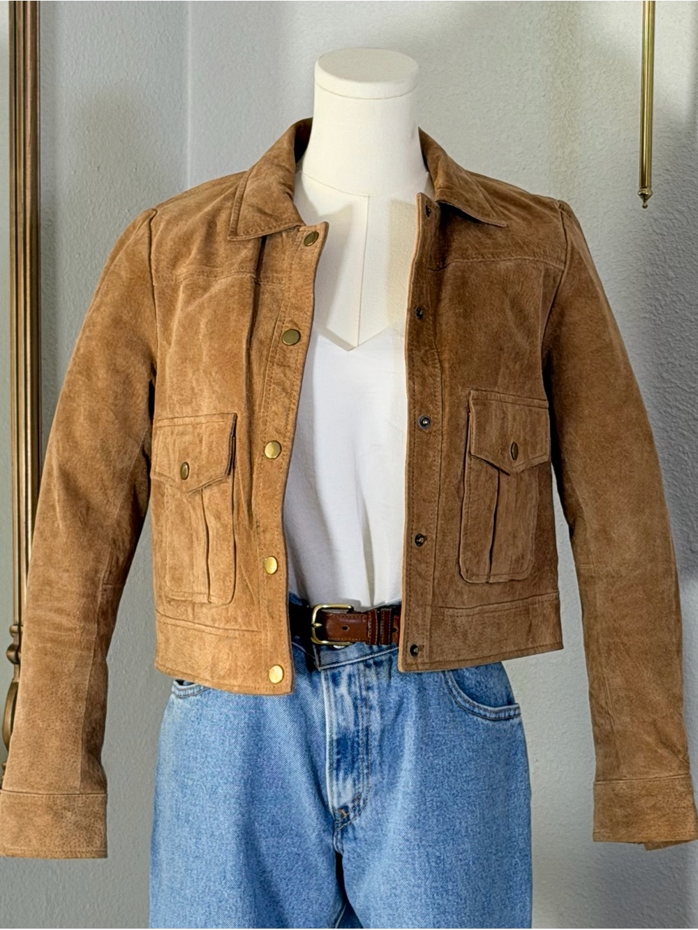 Genuine Leather Jacket Forever 21 S Tan Suede Cropped Trucker Western Utility⁠
